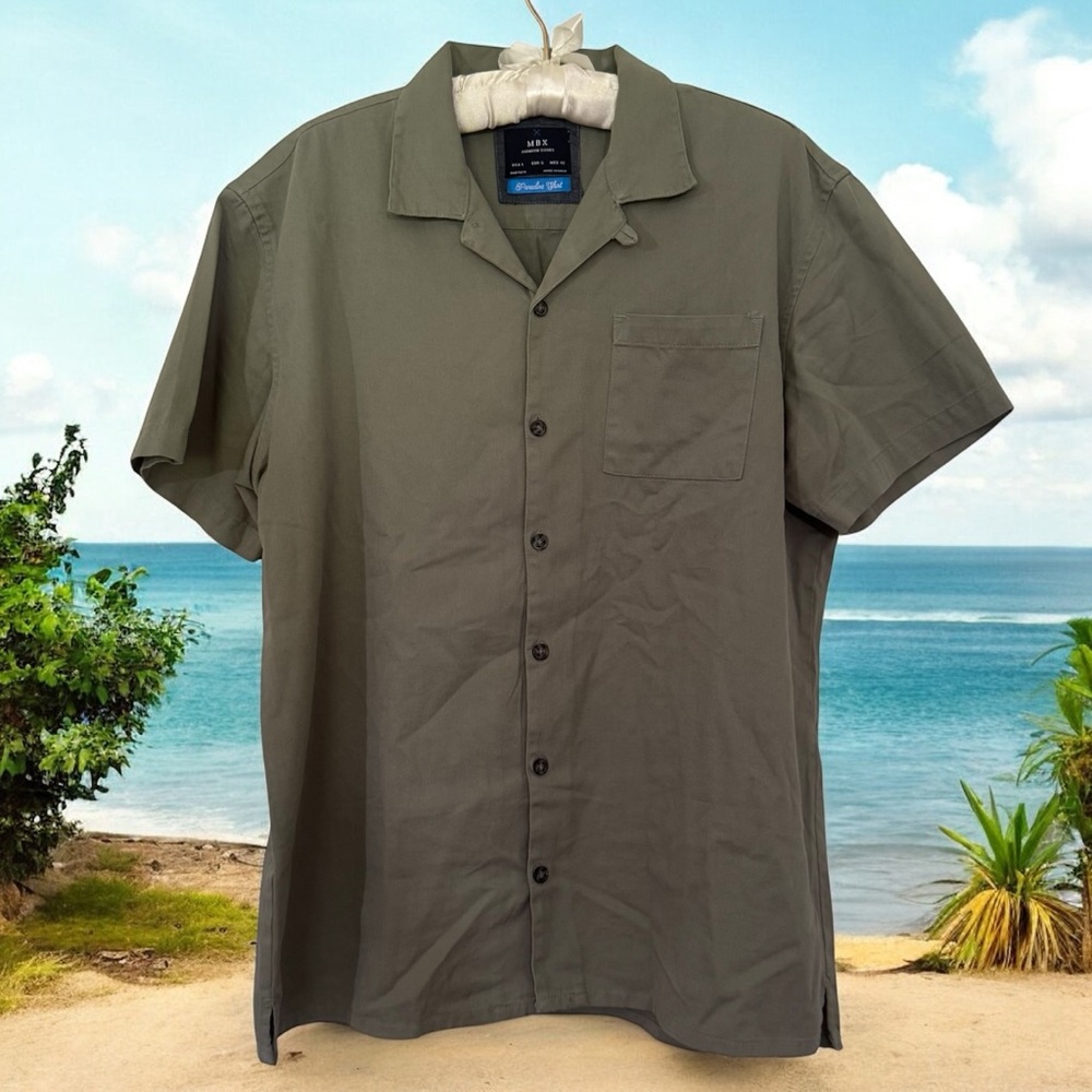 MBX Paradise Casual Button Down Shirt Army Green Sz L Vacation Resort-wear Beach
